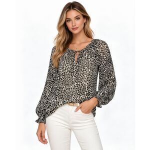 Nili Lotan Silk Popover Blouse Size S Black Tan Button Closure Cuffs Top